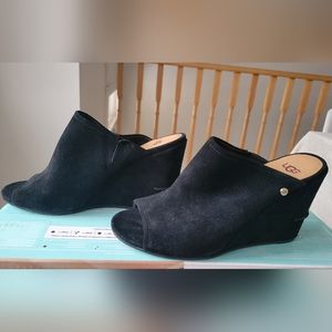 UGG Black Suede Wedge Peep-Toe Mules